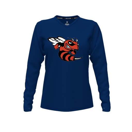 [CUS-DFW-TEES-CMF-VNK-LSL-NVY-FYXS-LOGO1] Decker Comfort T-Shirt (Female Youth XS, Navy, V Neck, Logo 1, Long Sleeve)