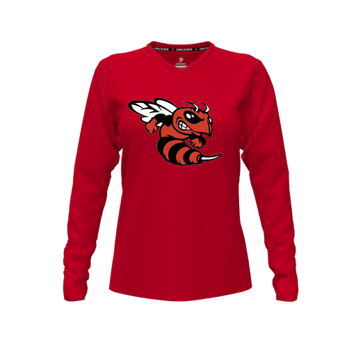 [CUS-DFW-TEES-CMF-VNK-LSL-RED-FYXS-LOGO1] Decker Comfort T-Shirt (Female Youth XS, Red, V Neck, Logo 1, Long Sleeve)